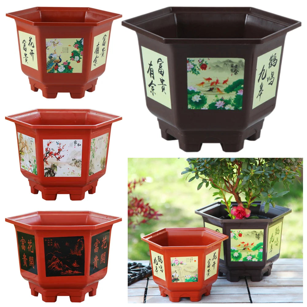Large square resin flower pot with illustrated panels and flared base feet, red exterior.