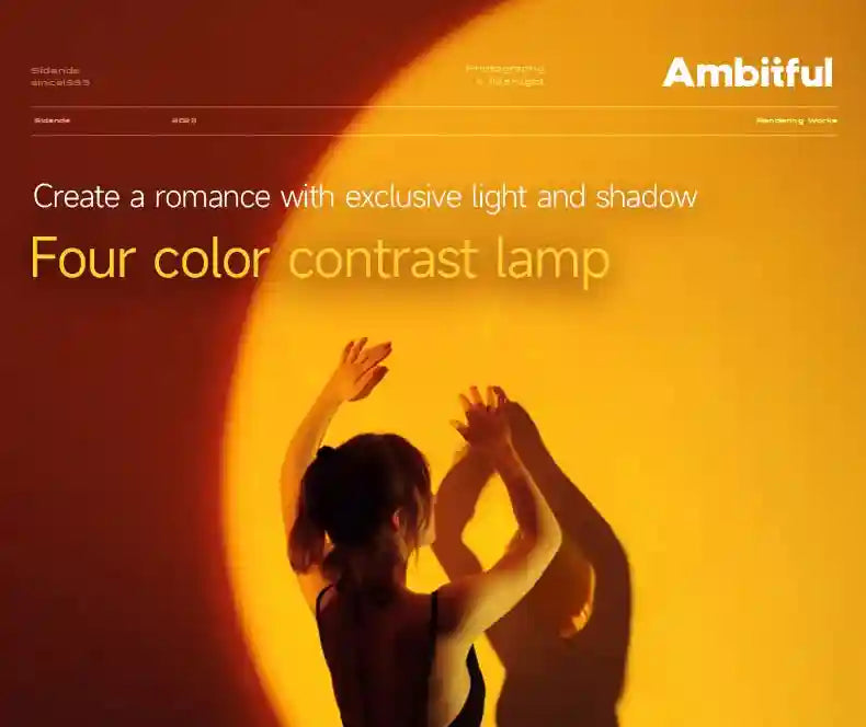 Four-color contrast lamp projecting a bright yellow, circular sunset-like light onto a wall behind a person.