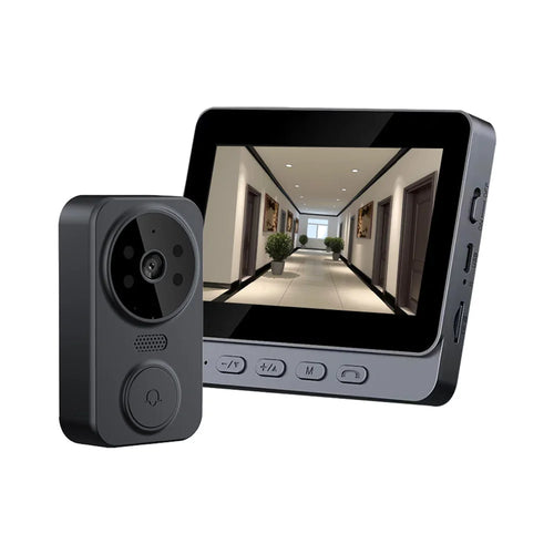 Black wireless visual intercom doorbell kit with 4.3-inch screen and outdoor camera