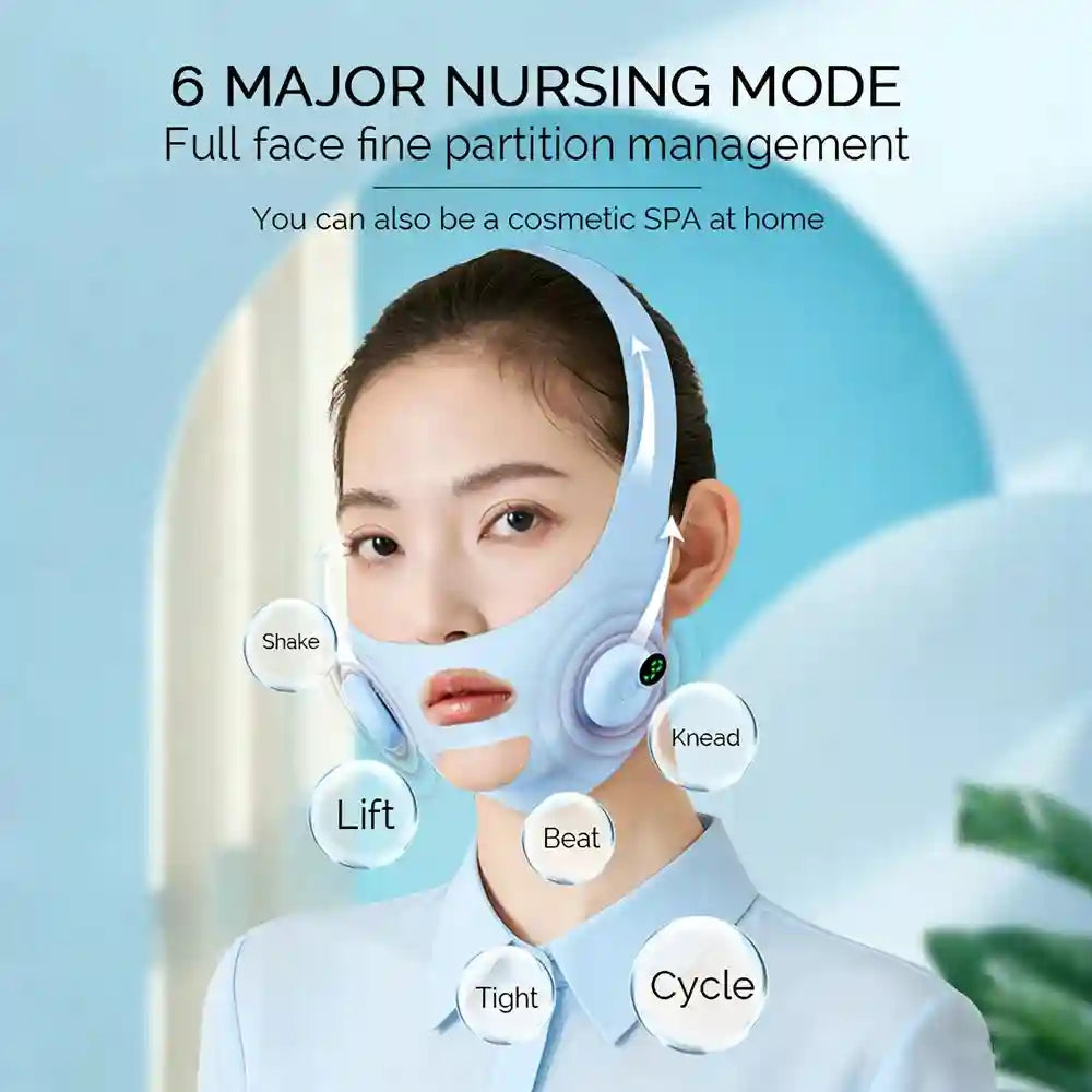 A woman wearing a light blue, silicone EMS facial lifting strap with round massaging nodes on the sides.