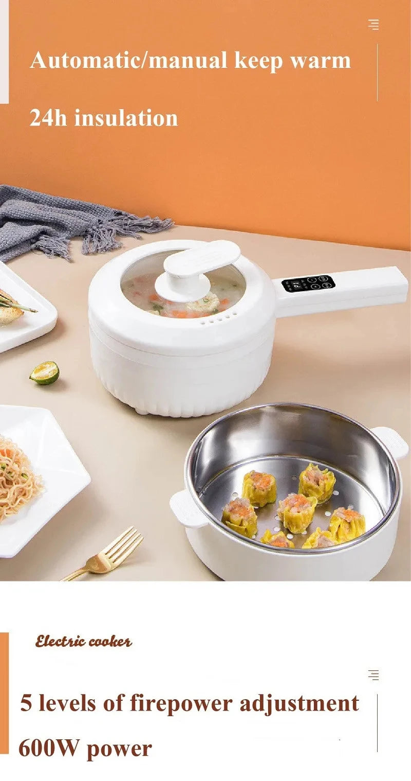 Electric cooking pot with lid, warming base and digital control, with inner contents cooking