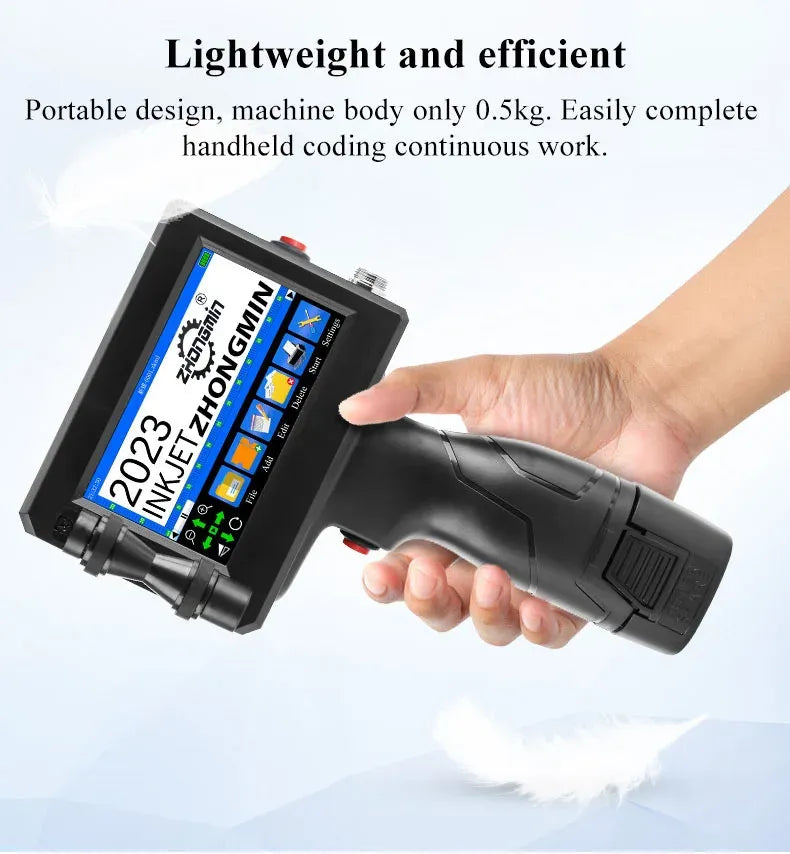 Handheld inkjet printer with touchscreen display and nozzle, held in a hand
