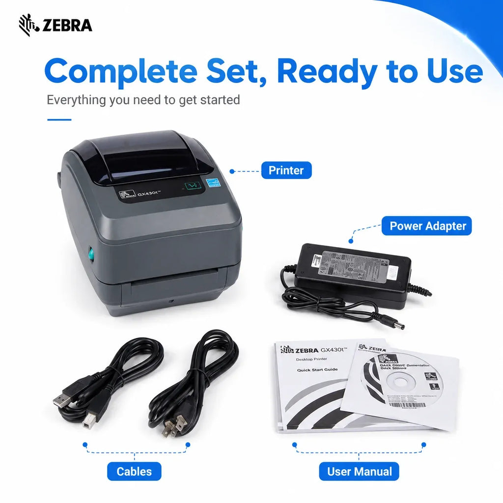 Zebra GX430T label printer kit with power adapter, cables, and printed documentation