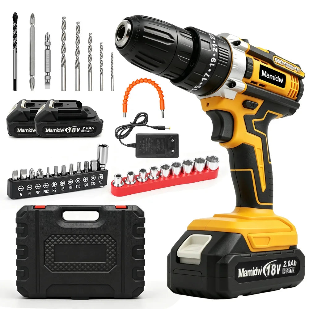 Mamidw Brushless Electric Drill, Ergonomic Design, Durable Structure, Compact Design, Sturdy Construction, Drilling Machine, Electric Drill, Comes with a Complete Tool Set, Compatible with Makita 18V Battery PIN.