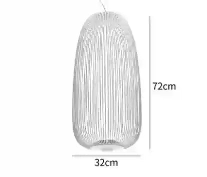 White cylindrical pendant light with a ribbed wire frame, 72cm tall and 32cm wide, for hanging interior lighting.