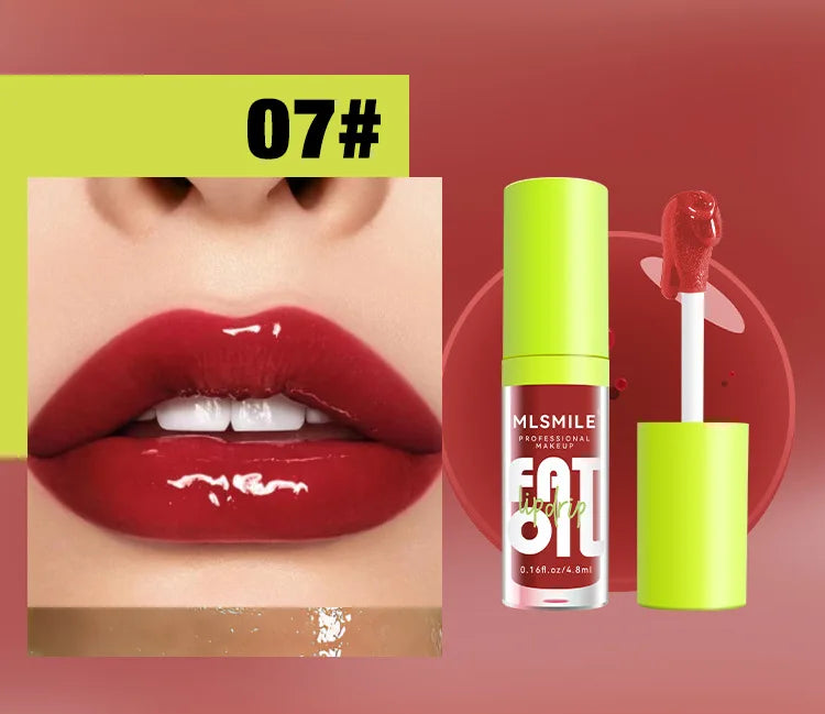 Moisturizing deep red lip gloss with a high-shine finish, shown on lips and as a tube with an applicator.