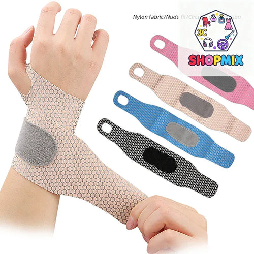Adjustable nylon wrist brace and support wrap for pain relief, available in beige, pink, blue, and black honeycomb mesh.