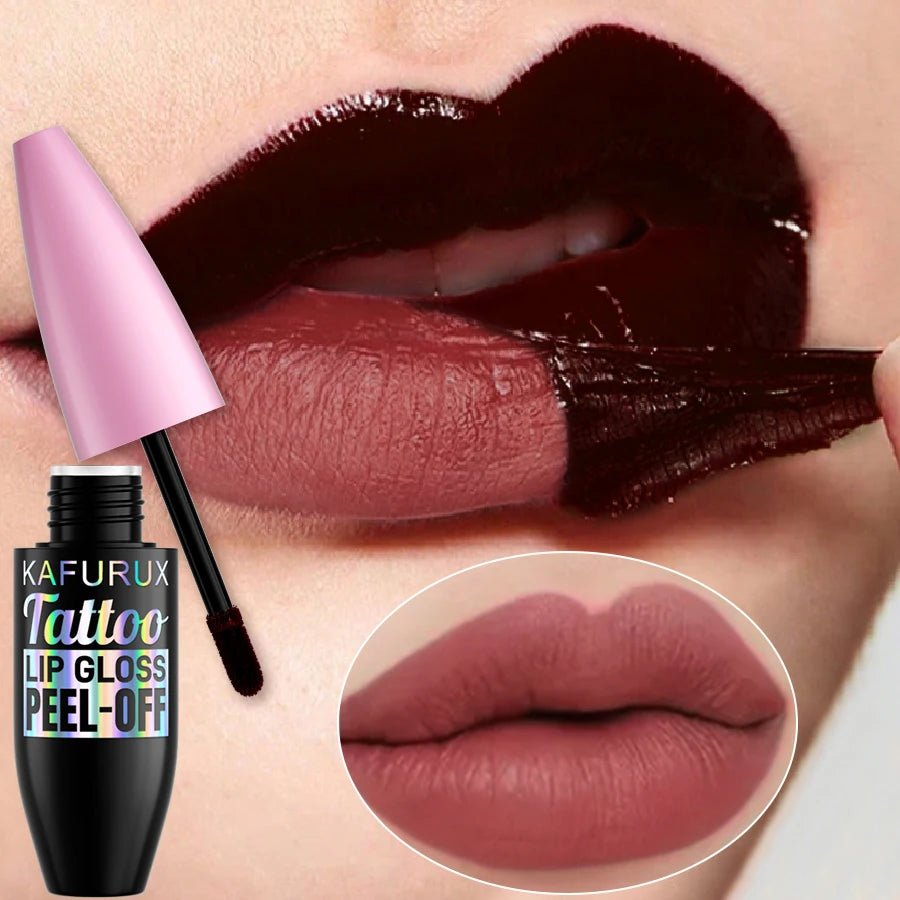 Long-lasting waterproof peel-off lip gloss in dark shade, creating a natural matte pink stain on lips.