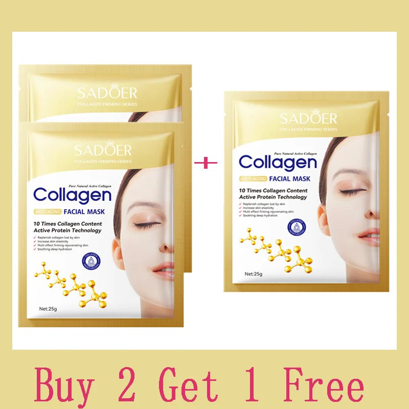 Collagen facial mask bundle with multiple sachet packs and 'Buy 2 Get 1 Free' graphic