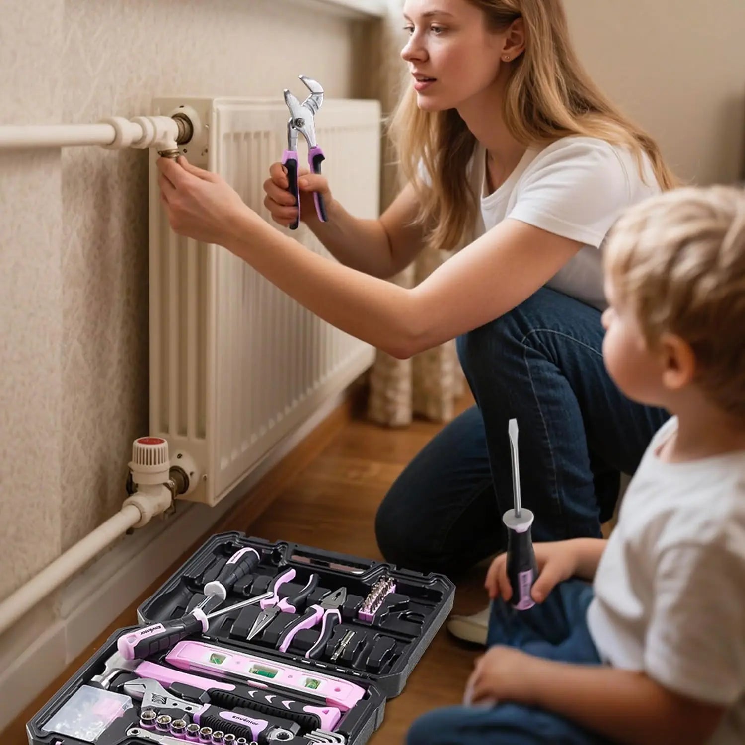 ENVENTOR Small Tool Case for Women, Household Tool Set, Tool Box Pink, Universal Complete with Tools Hand Tool, Tool Kit Fitted 158-Pcs, for Household DIY