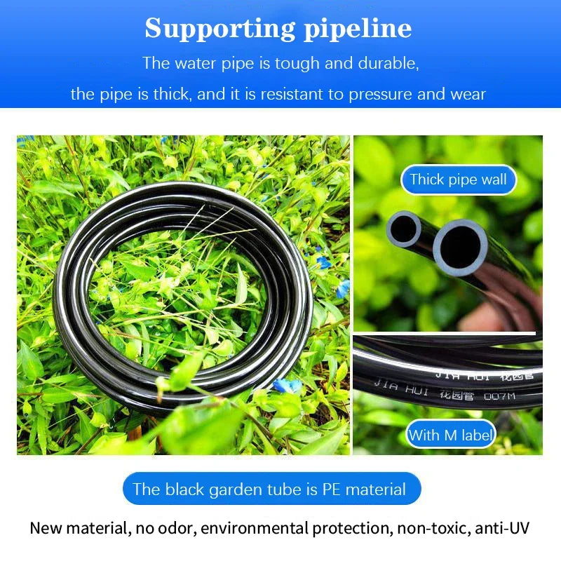 Coiled black PE garden irrigation tubing with thick-wall design and included connectors