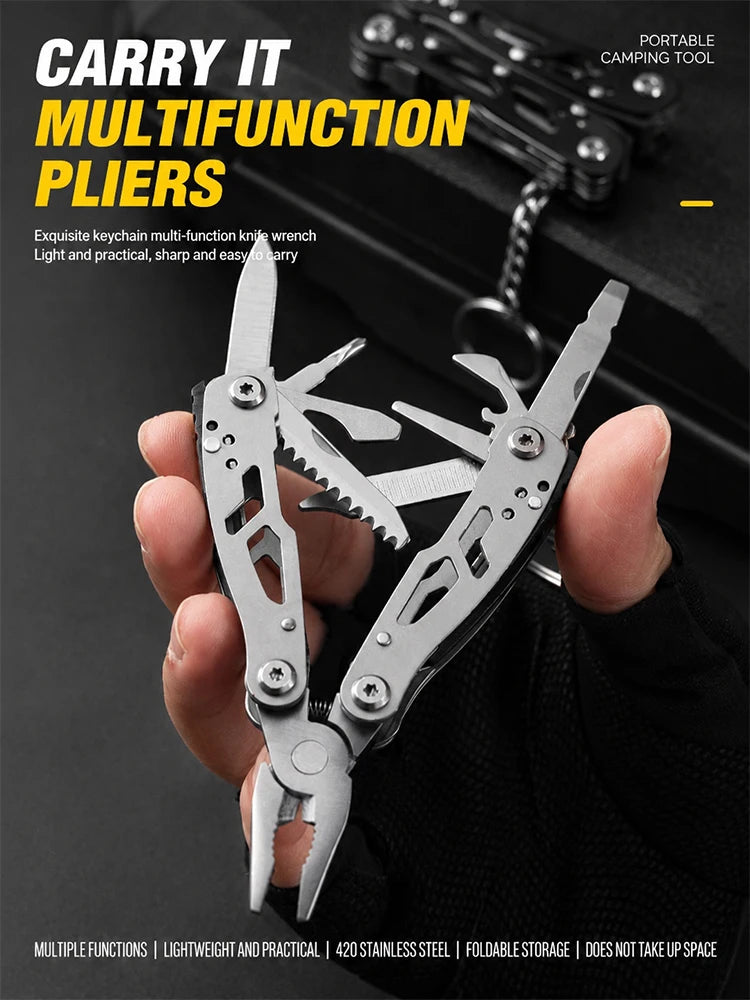 All-Steel Multi-Function Pliers Tool Foldable Pocket Keychain Knife Set with Bottle Opener Screwdriver for Outdoor Hiking