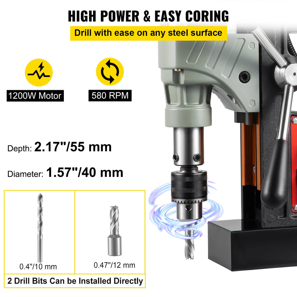 SucceBuy Magnetic Drill 1200W 1.57" Boring Diameter 2922lbf/13000N Portable Electric Mag Drill Press 580 RPM Drilling Machine