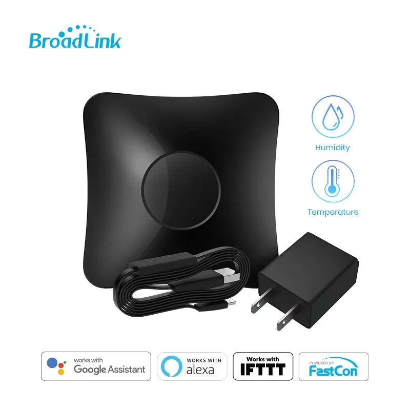 BroadLink universal smart remote hub with humidity and temperature icons, cable and power adapter