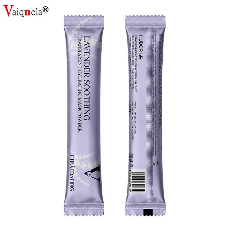 Two slim, purple stick sachets of Lavender Soothing transparent hydrating mask powder, shown front and back.