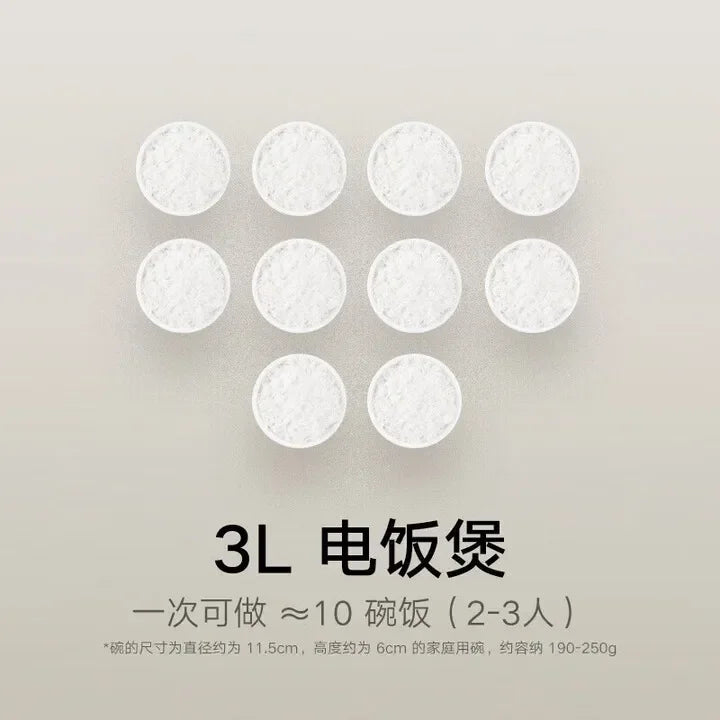 Rice cooker capacity graphic showing multiple portion circles for 3L
