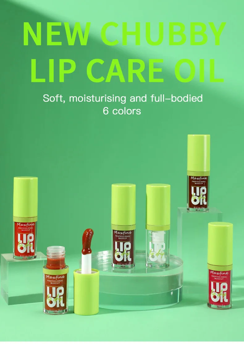 Maxfine hydrating lip oil set in high-shine, waterproof, smudge-proof formulas with an applicator on green background.