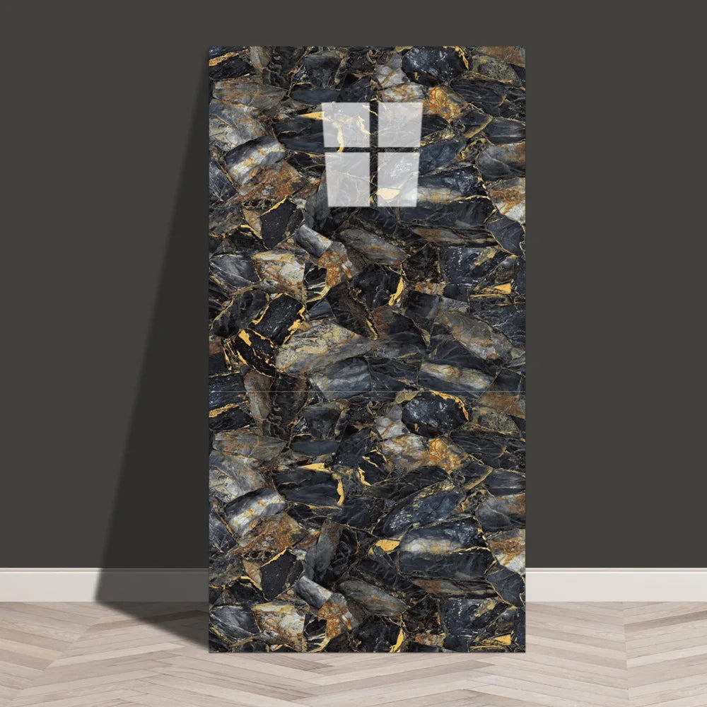 Self-adhesive marble tile sticker sheet, dark marble with gold veining
