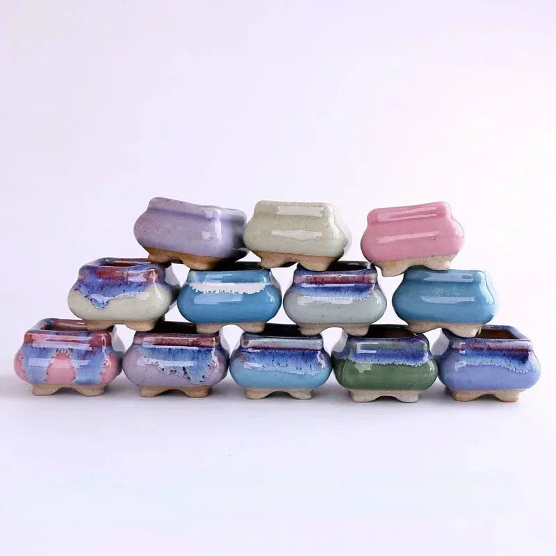Stacked mini ice-crack ceramic flowerpots, multicolor blue and cream set of 9