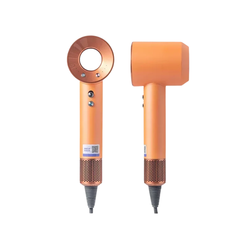 Orange high-speed negative ion bladeless hair dryer with magnetic attachments and ergonomic metallic handle design.