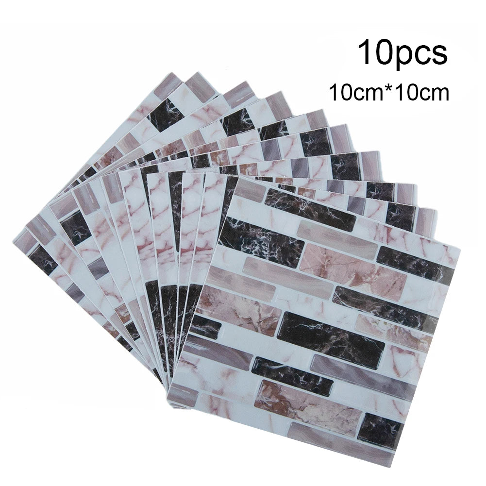 Self-adhesive 3D mosaic tile sticker set, white and dark marble brick pattern, 10 sheets