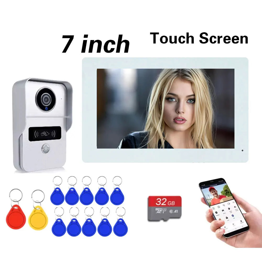 White 7-inch doorbell intercom touch screen with camera unit and phone app preview