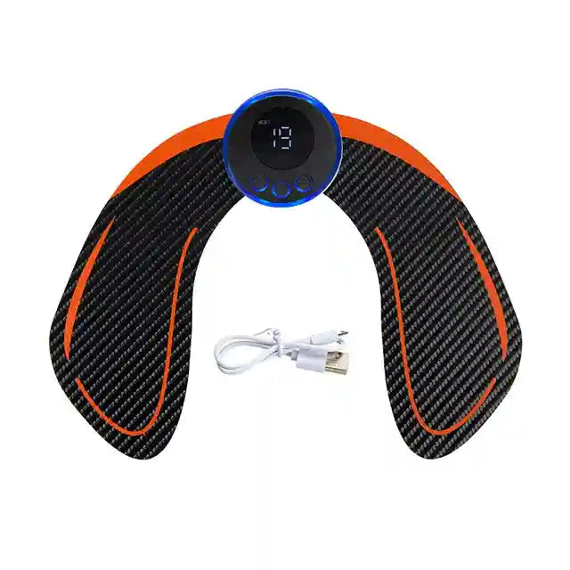 U-shaped EMS muscle trainer with a black carbon fiber texture, orange trim, digital display, and a white USB cable.