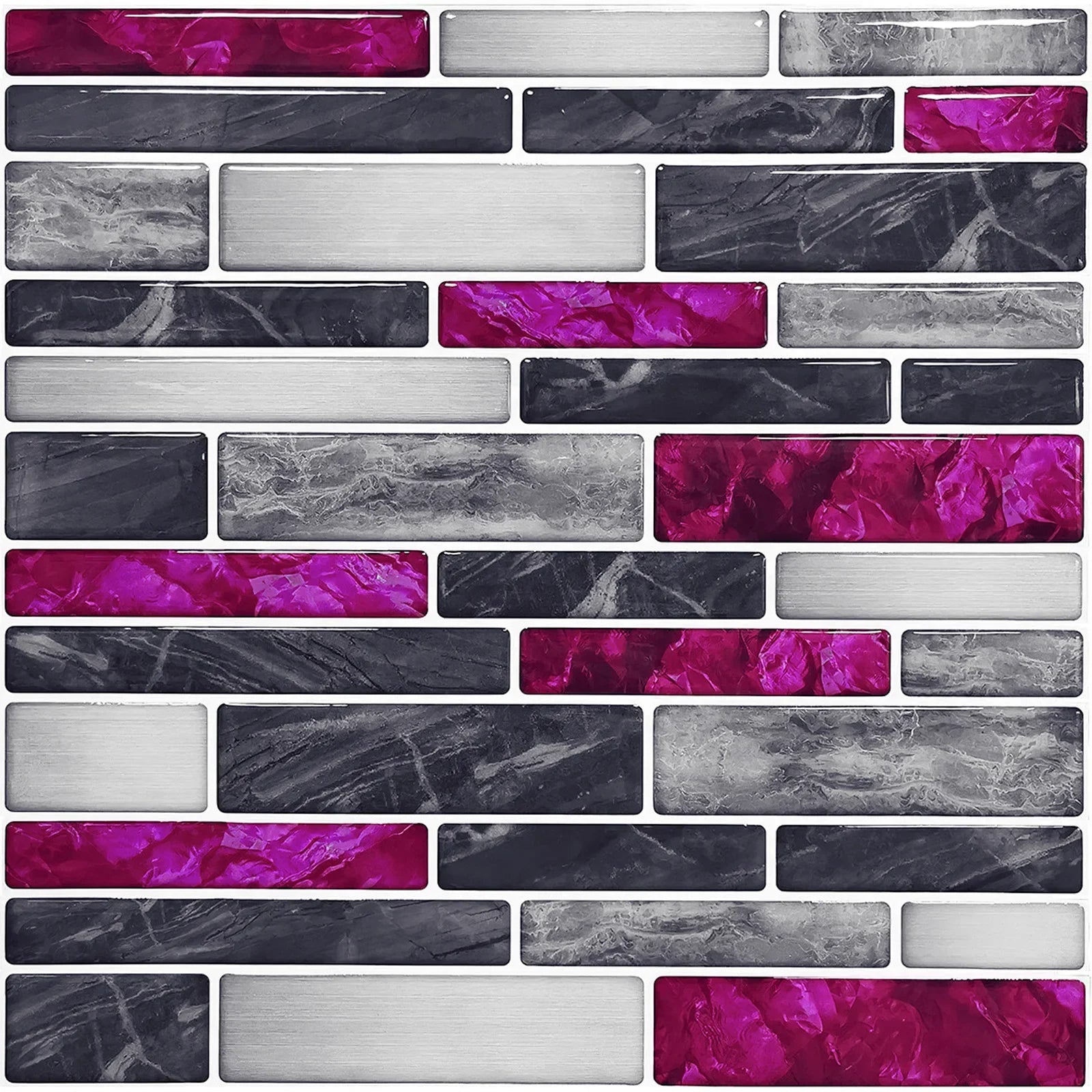 Self-adhesive 3D brick tile sticker sheet, gray marble with magenta purple and black