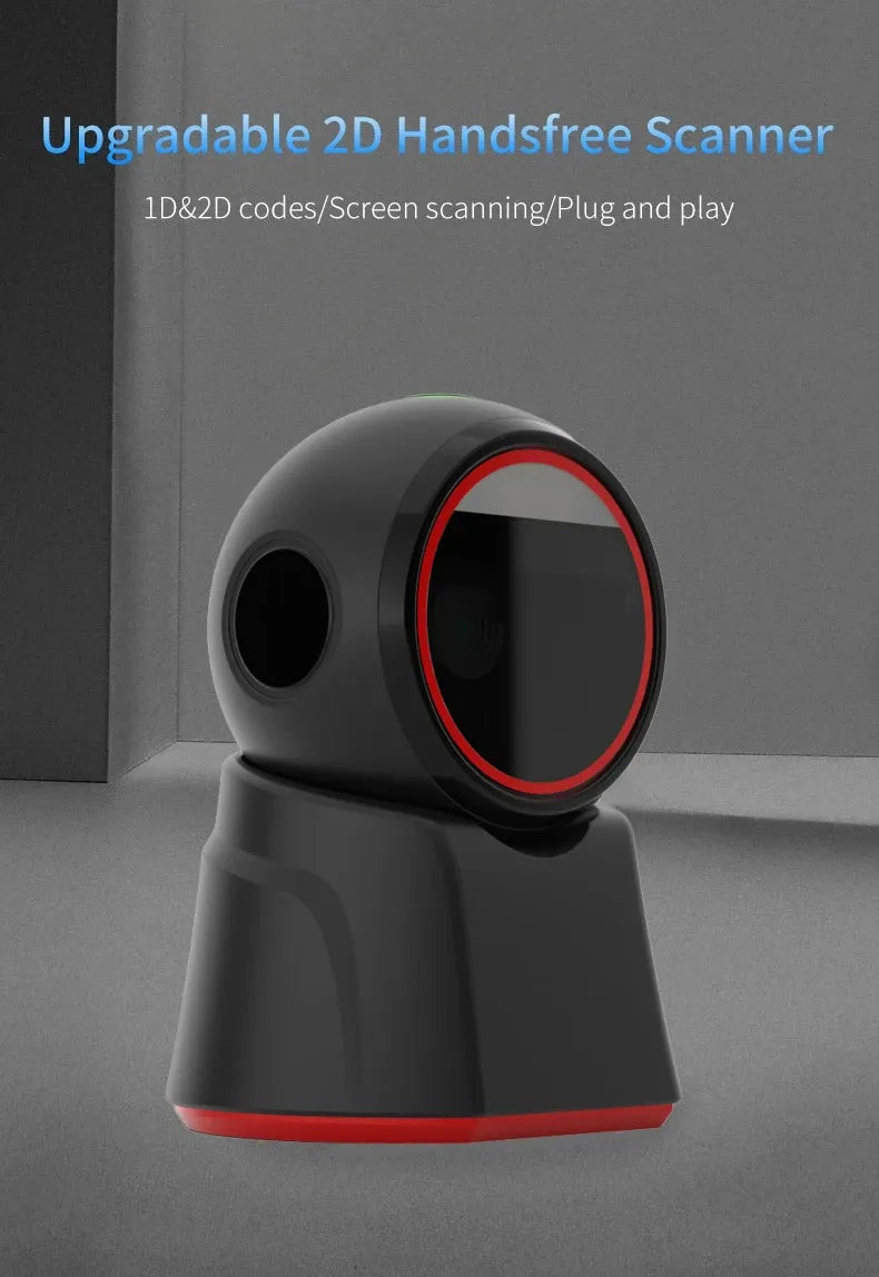 2D hands-free desktop barcode scanner, black body with red LED ring and oval scan window