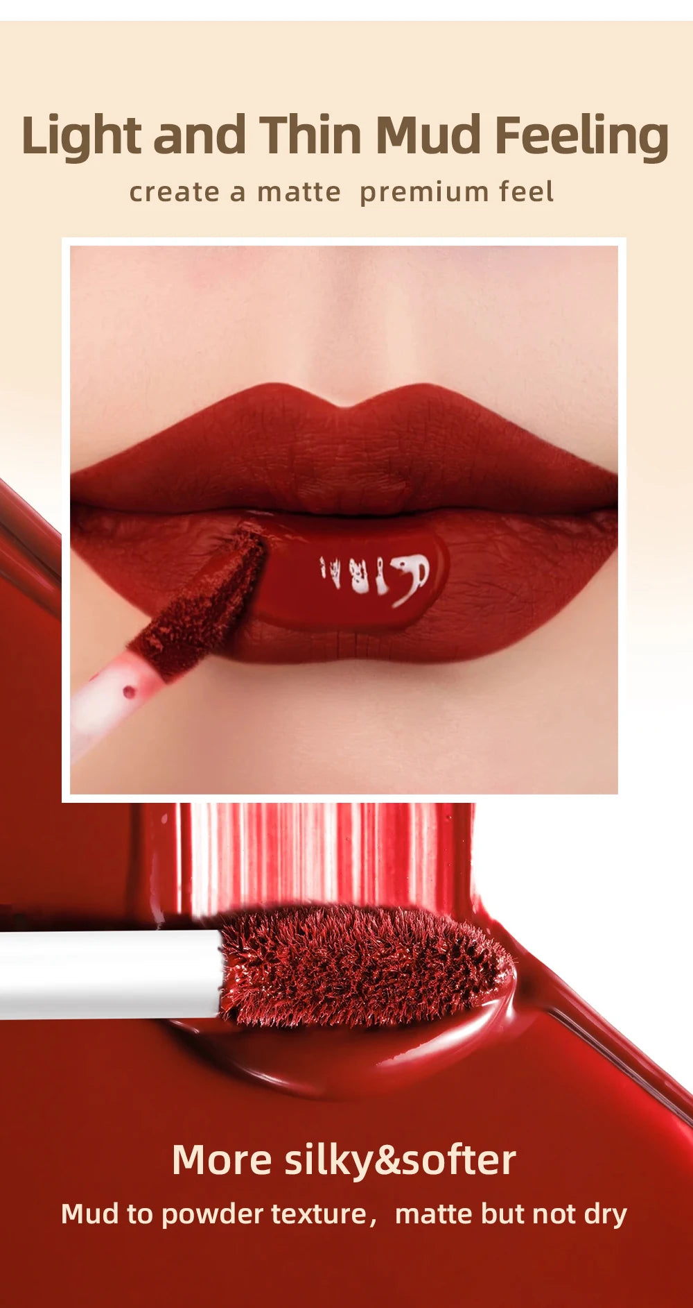 QIBEST sexy red velvet matte liquid lipstick with a silky, non-drying mud-to-powder texture applied with an applicator.