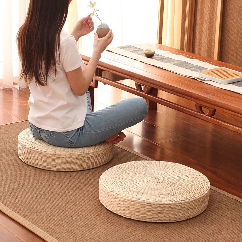 Round Woven Rush Cushion Meditation Zafu Yoga Mat for Floor Tatami Kneeling Tea Ceremony Zen Window Seat