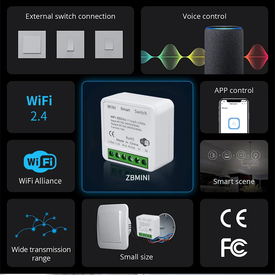 Tidesmit WiFi Smart Switch Mini - 2-Way Breaker for Home Automation Tidesmit