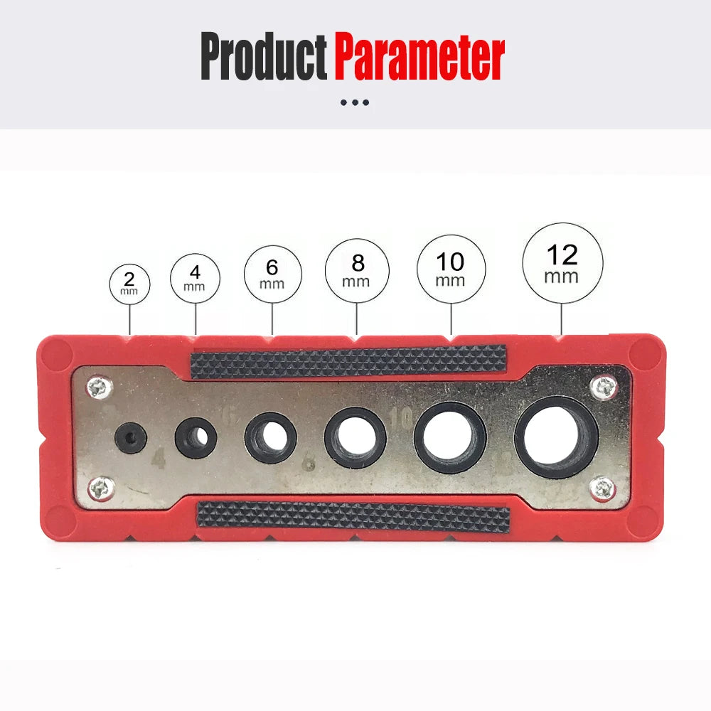 Red hole drilling guide with circular guide holes and size labels for mm drilling