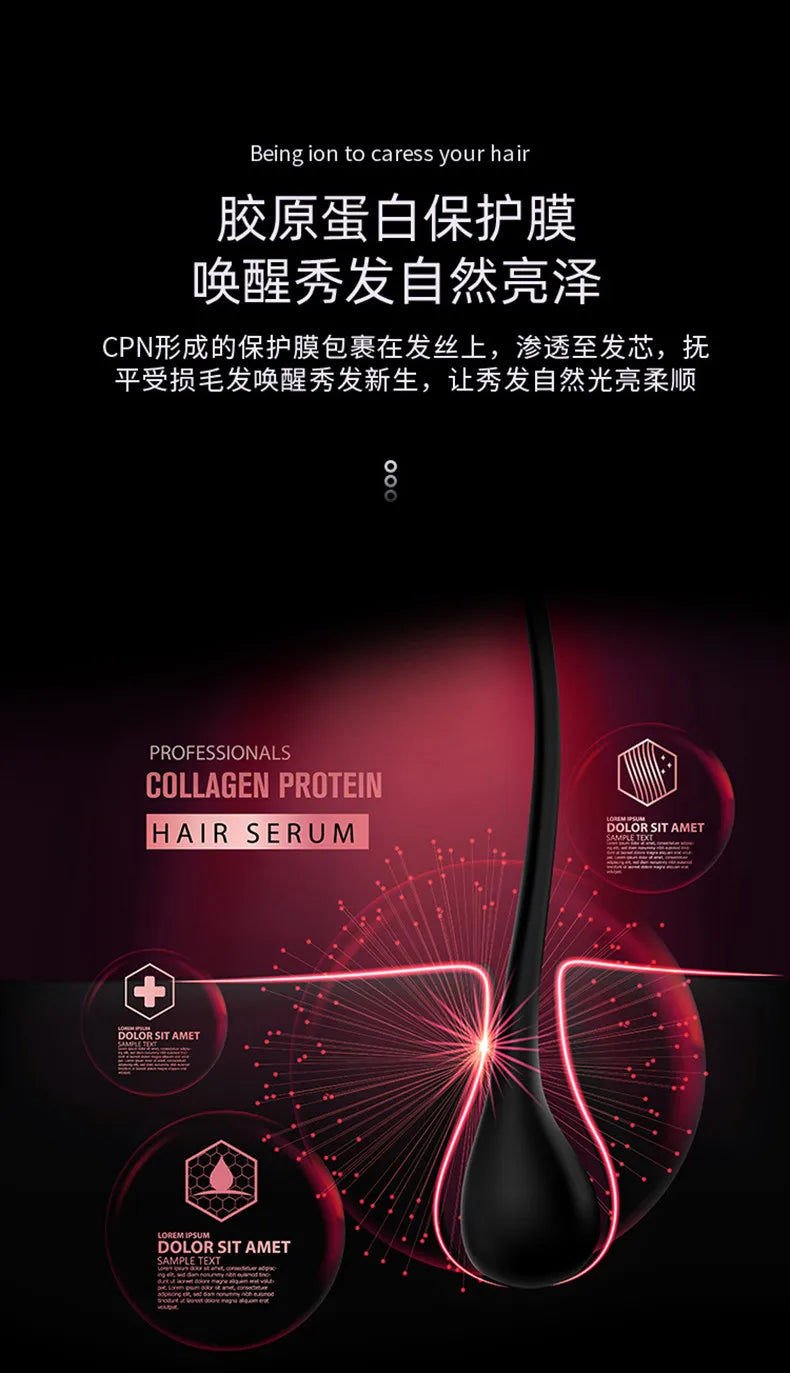 Collagen protein hair serum advertisement with glowing red fiber optics illustrating deep hair strand nourishment.