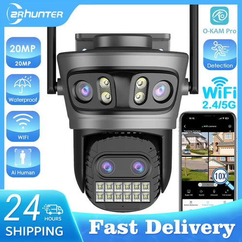Outdoor PTZ security camera with triple lenses and LED array, dark gray/black housing