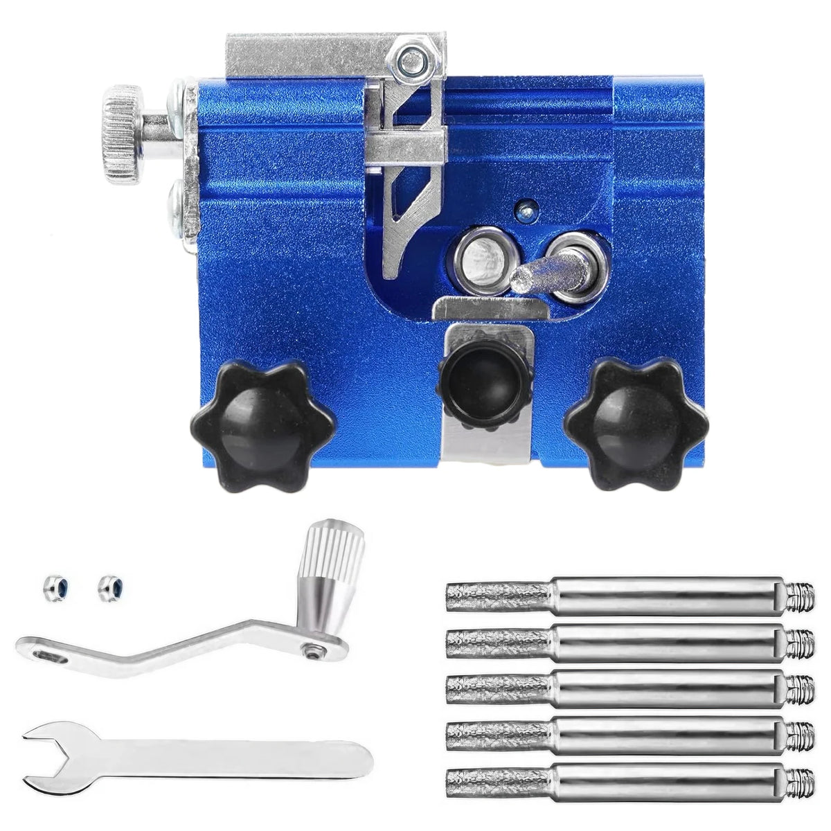 Blue manual chainsaw sharpener kit with burr stone bits, adjustment lever, and wrenches