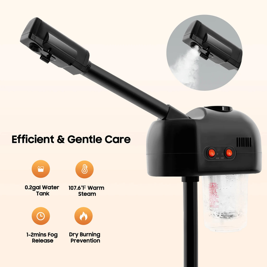 Black 800W facial steamer with 750ml tank, adjustable height, and ozone spray for professional home spa skin care.