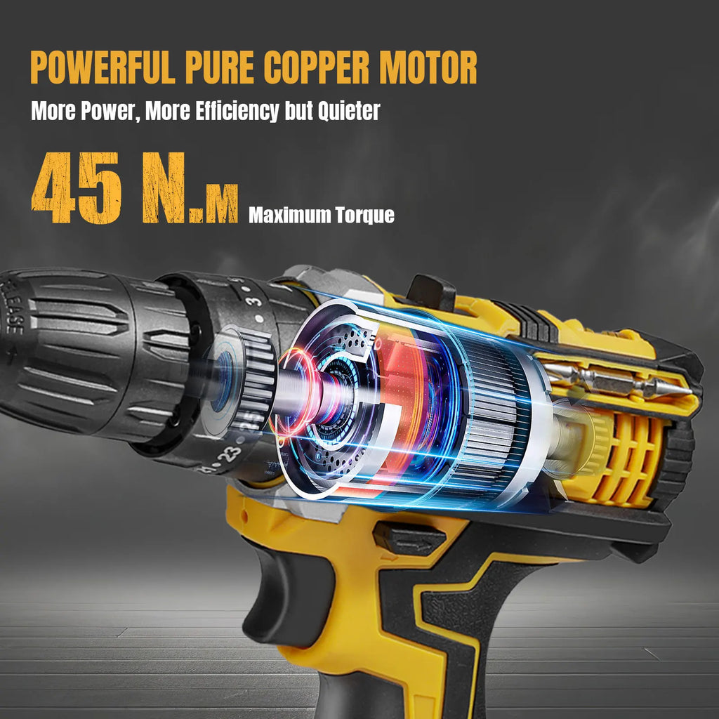 45N.m 1800RPM Cordless Electric Impact Drill 25+3 Torque Settings Electric Screwdriver Power Tool With 2PCS Batteries For Home DIY Woodworking