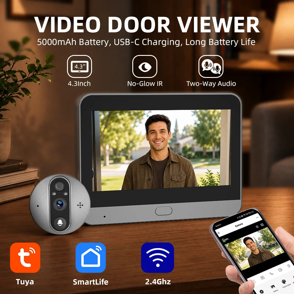 3MP Wi-Fi Tuya SmartLife Battery Powered 940nm No Visible Light Infrared Audio Video Door Eye Digital Viewer PIR Doorbell Camera