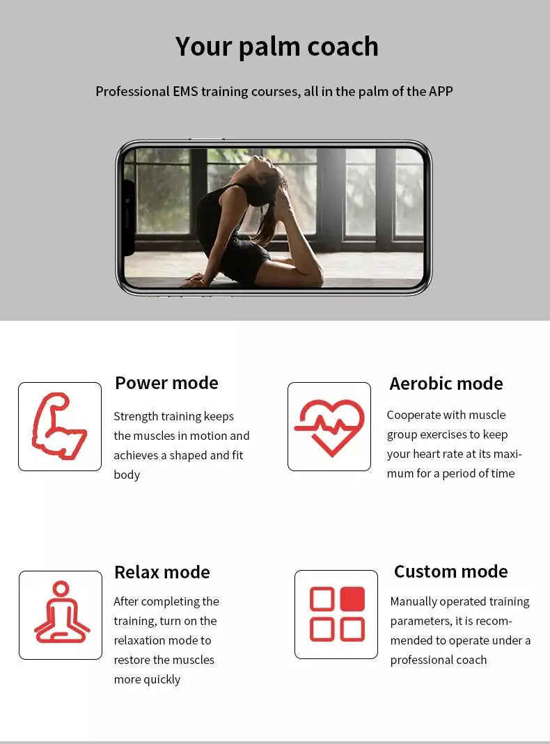 Wireless EMS fitness suit app interface showing training modes for strength, aerobic, relaxation, and custom muscle gym.