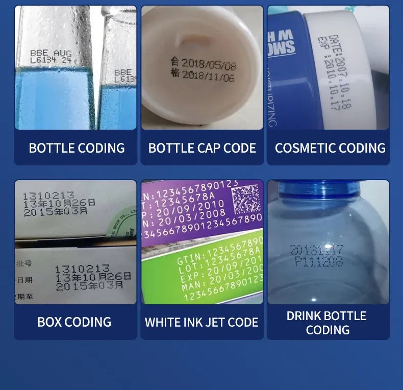 Inkjet coding examples on bottles, bottle caps, boxes, and cosmetic packaging