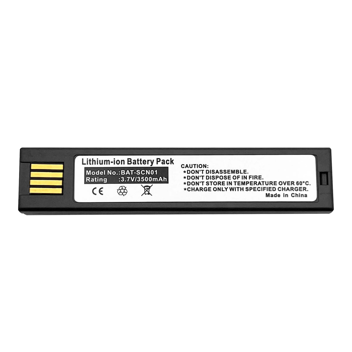 Close-up barcode scanner battery label with lithium-ion details and gold contact strip