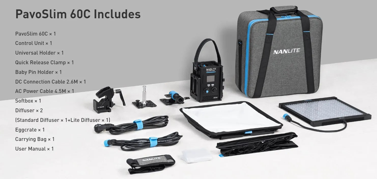 PavoSlim 60C LED panel kit with control unit, softbox, diffusers, mounts, power cables, and a grey carrying bag.
