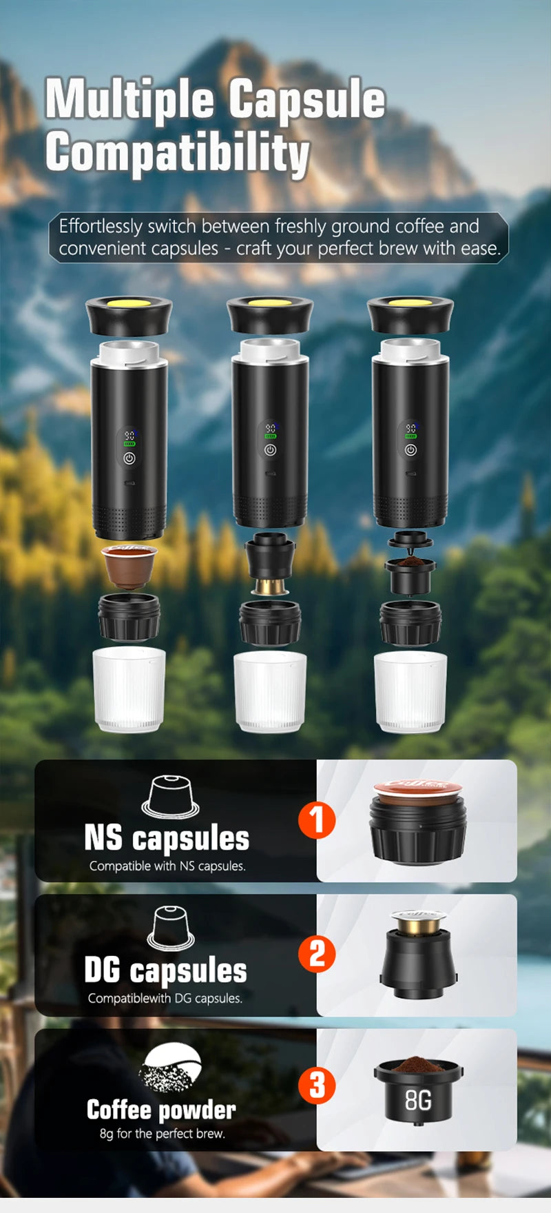 Portable black coffee maker with modular base for NS capsules, DG capsules, and 8g ground coffee powder.