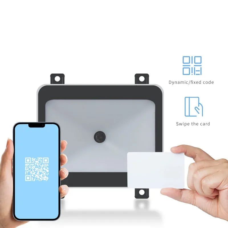Barcode QR scanner module with hands holding QR code cards in front