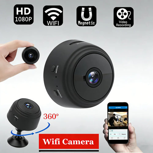 Black 1080p WiFi mini security camera with wide-angle lens and tabletop stand
