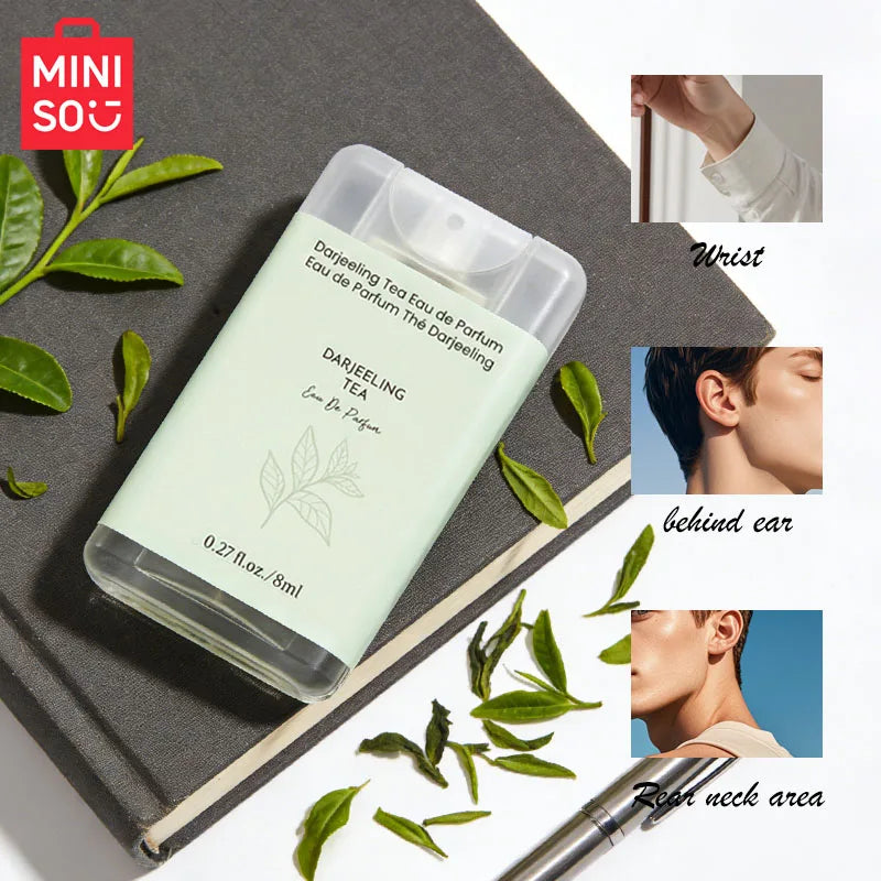 MINISO Darjeeling Tea EDP for men: 8ml portable pocket spray, luxury woody fragrance in a flat rectangular bottle.