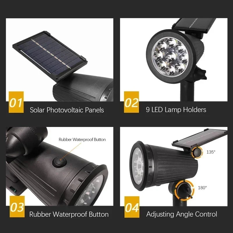 Bright 9LED Outdoor Solar Spotlight Waterproof Landscape Light for Garden Yard Pathway Driveway Trees Walls Ground Installation