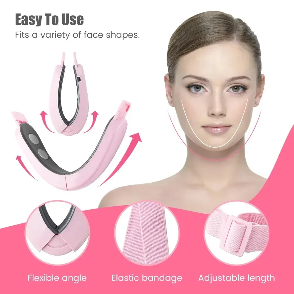 Pink, V-shaped electric facial lifting device with adjustable elastic strap and flexible folding hinges.