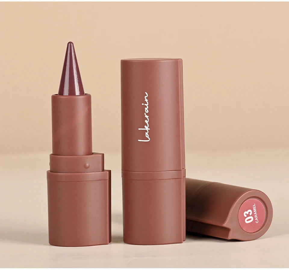 Lakerain waterproof matte lipstick pen in red-brown caramel shade with precision pointed tip for defined lip makeup.
